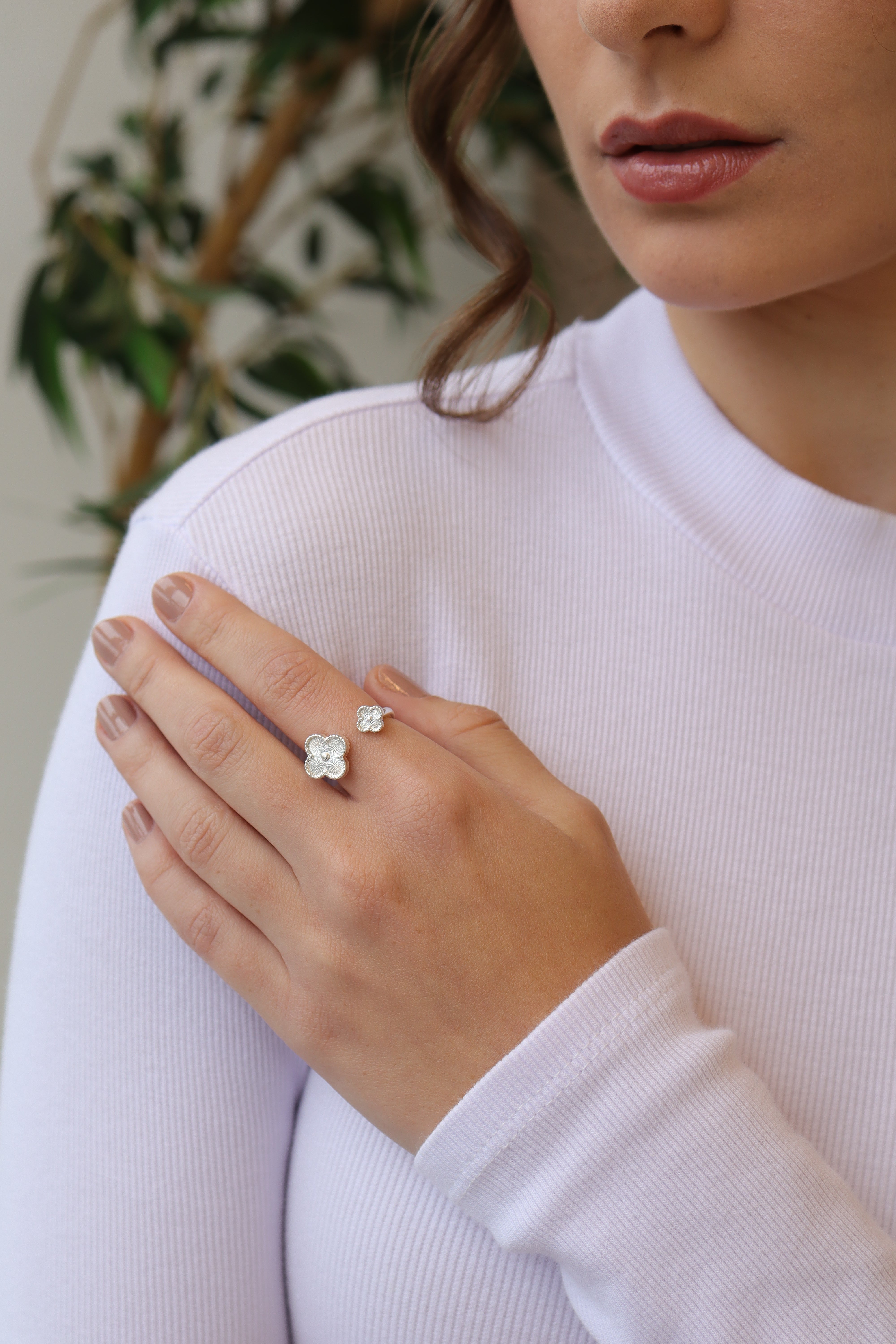 Anel Dois Trevos Regulável Prata