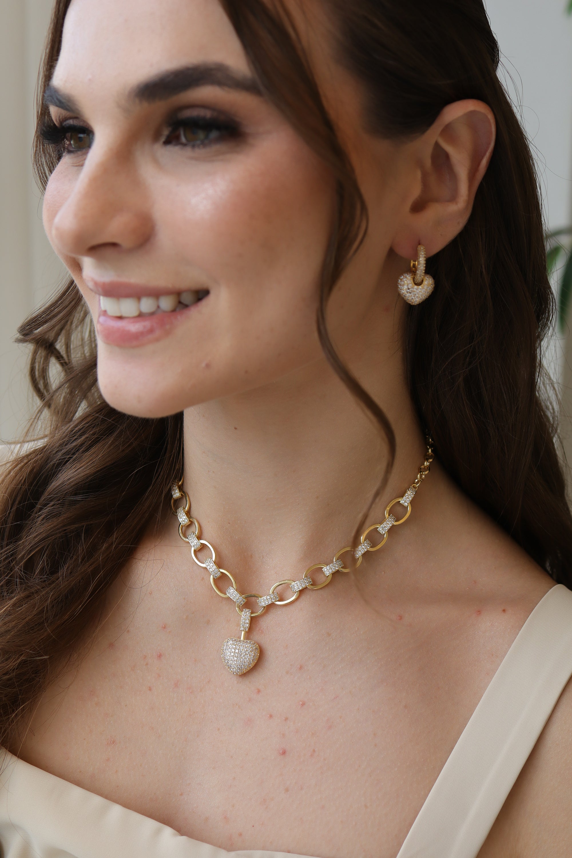 Conjunto Coração Cravejado Elos Dourado