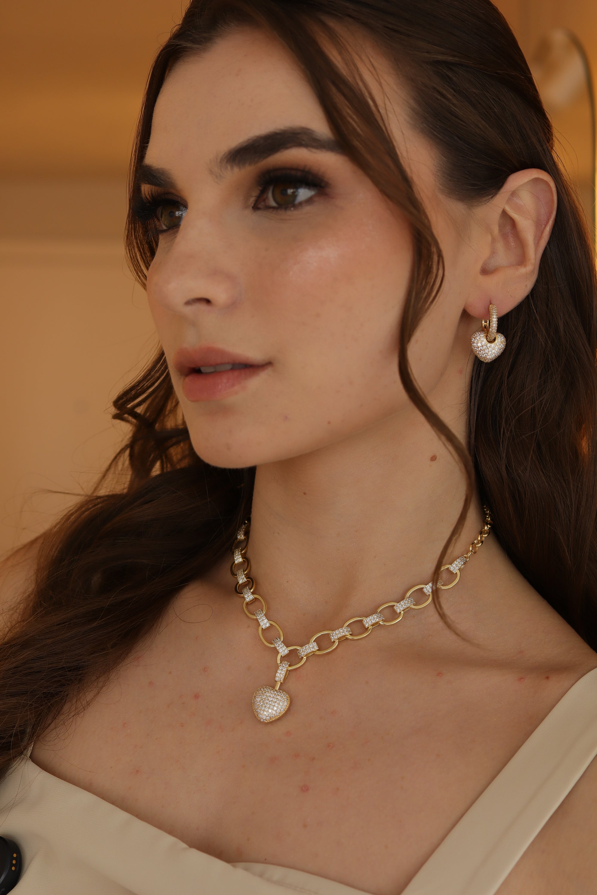Conjunto Coração Cravejado Elos Dourado
