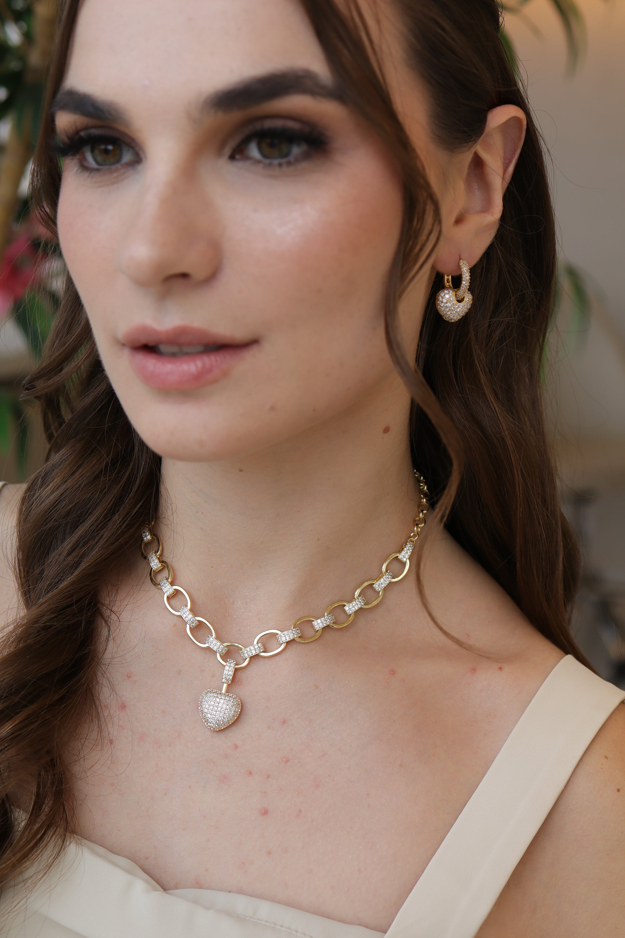 Conjunto Coração Cravejado Elos Dourado